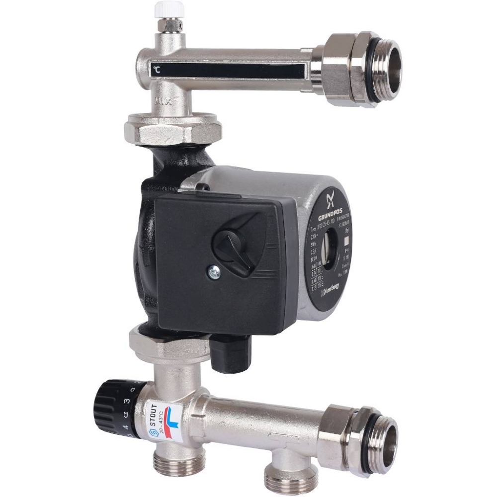 Насосно-смесительный узел с термостатическим клапаном 20-43°C, с насосом UPSO 25-65, 130mm STOUT /1/