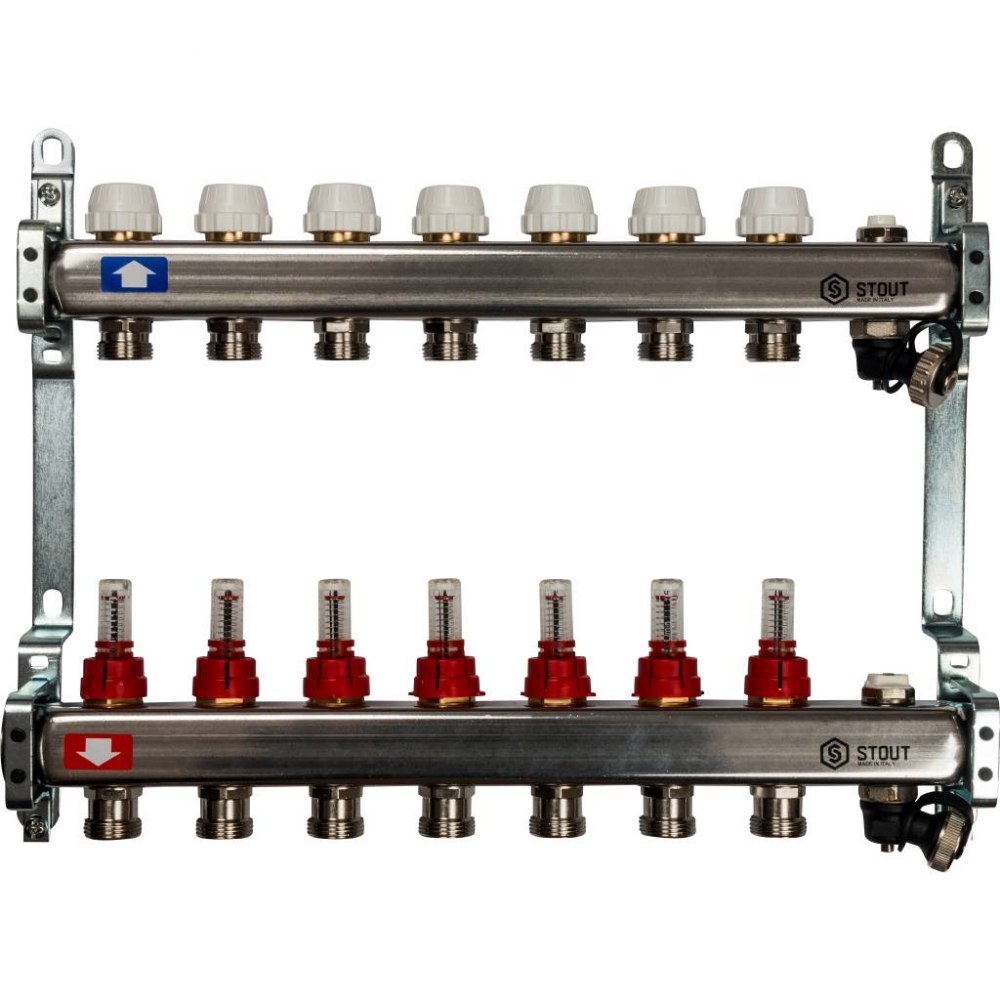 Коллектор из нержавеющей стали с запорными клапанами на 7 выходов STOUT