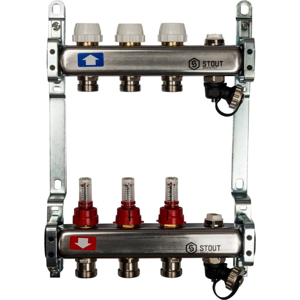 Коллектор из нержавеющей стали с запорными клапанами на 3 выхода STOUT /1/