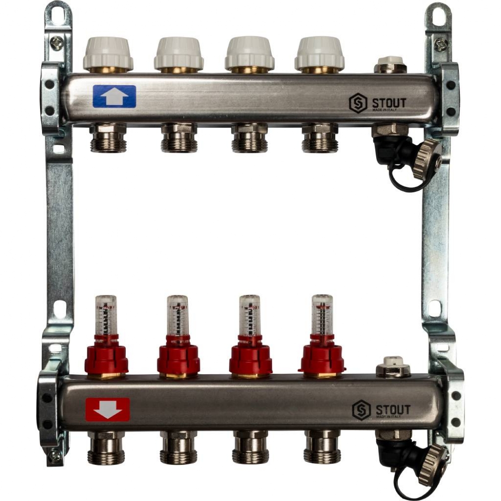 Коллектор из нержавеющей стали с запорными клапанами на 4 выхода STOUT
