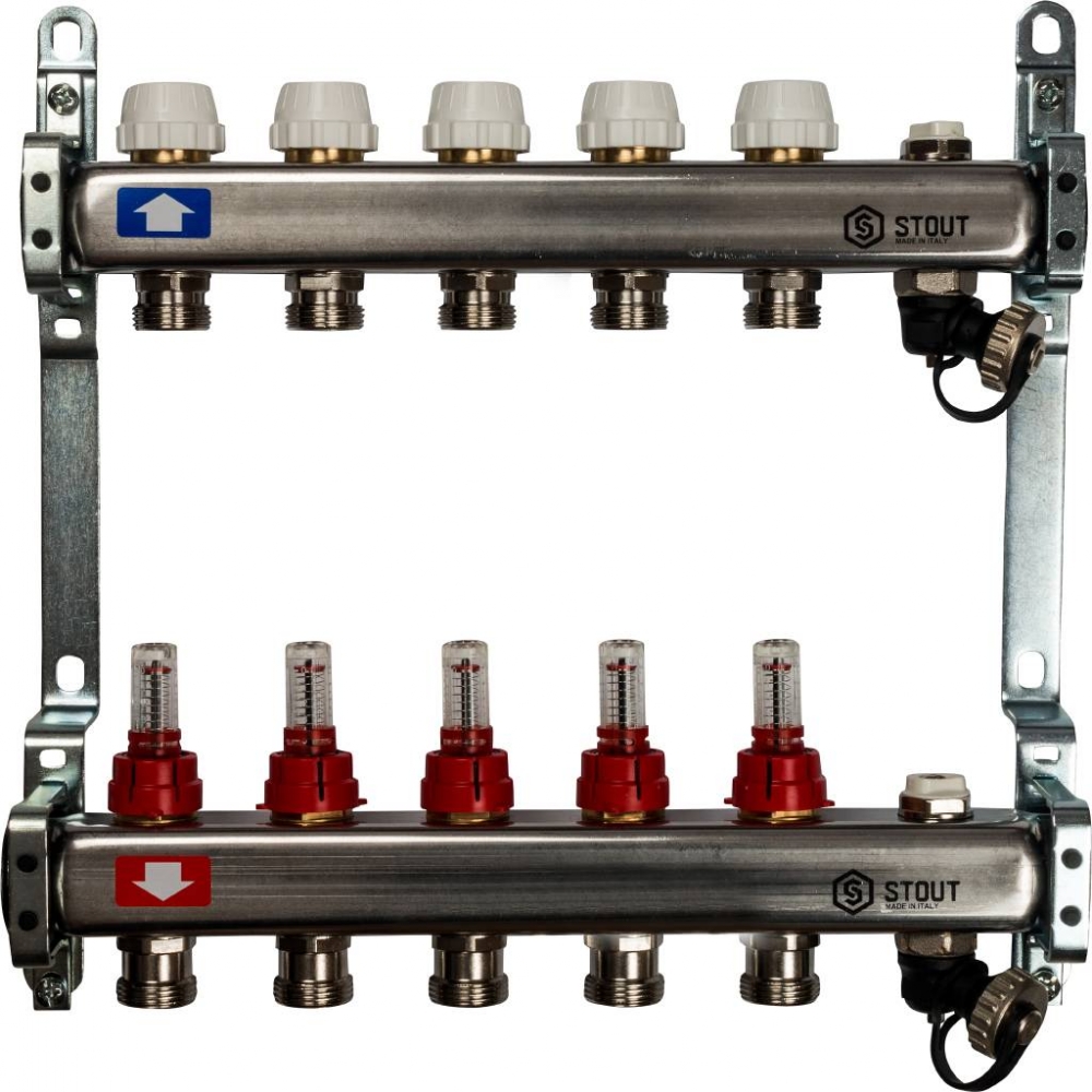 Коллектор из нержавеющей стали с запорными клапанами на 5 выходов STOUT