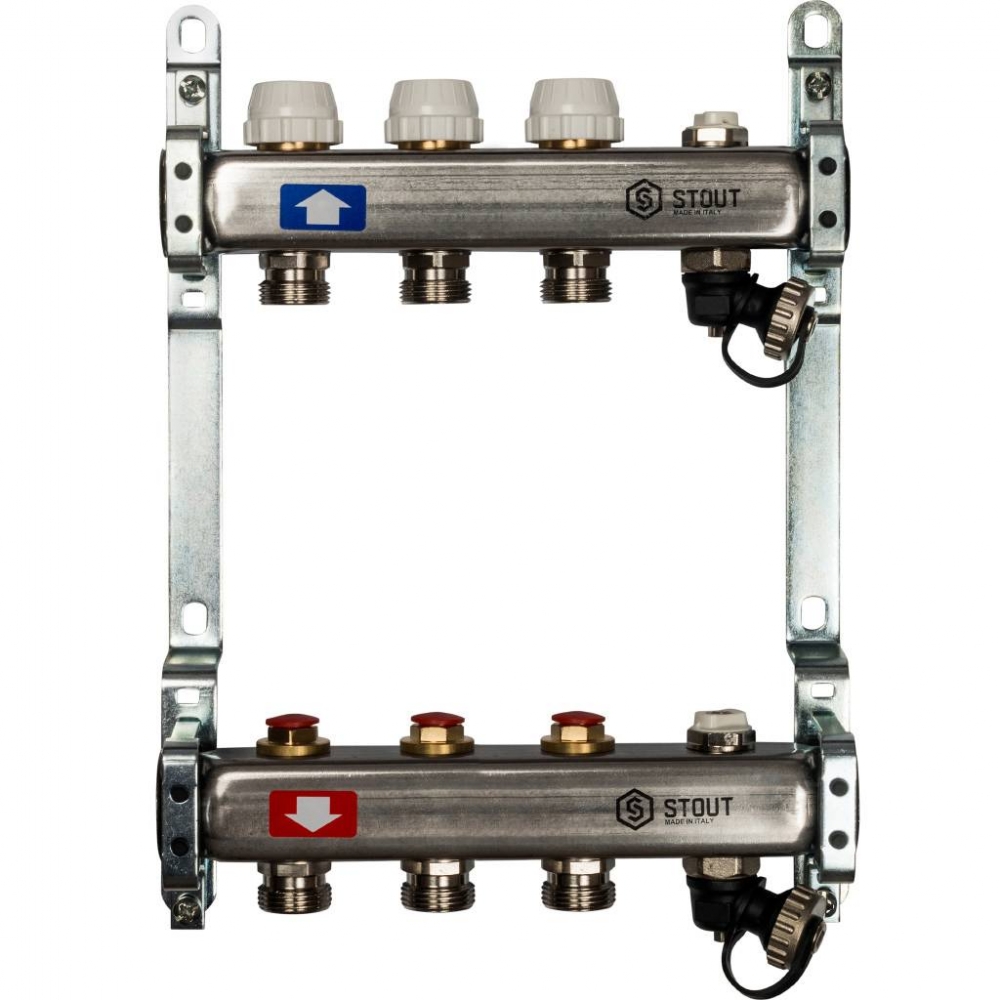 Коллектор из нержавеющей стали с запорными клапанами на 3 выхода STOUT