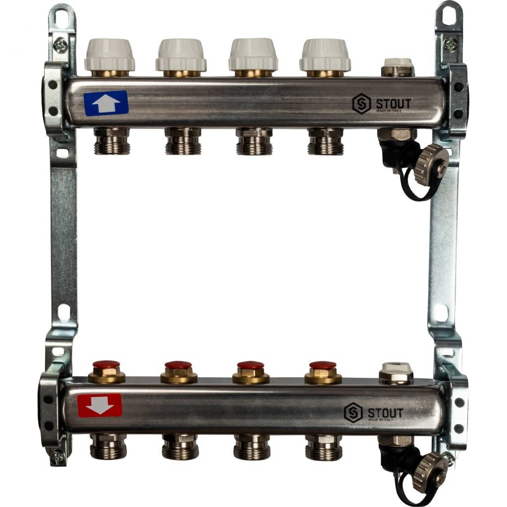 Коллектор из нержавеющей стали с запорными клапанами на 4 выхода STOUT