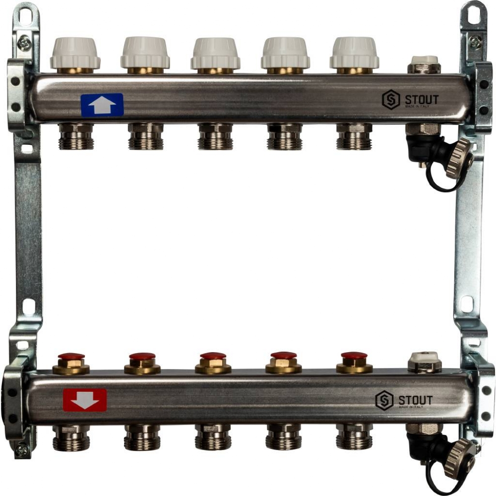 Коллектор из нержавеющей стали с запорными клапанами на 5 выходов STOUT /1/